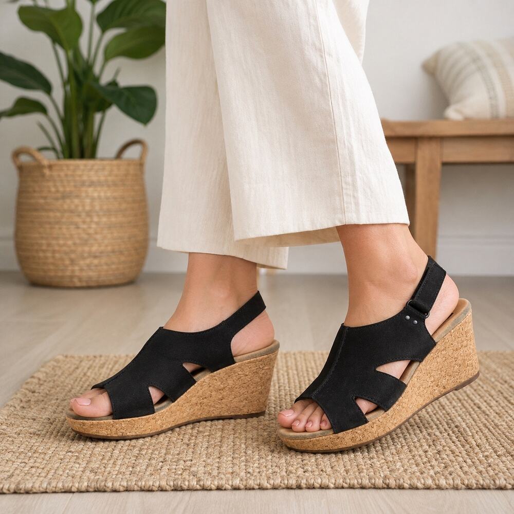 Clarks Collection Black Leather Cork Wedge Sandals Womens Size 7